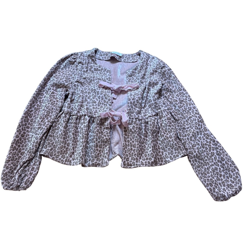 Pink Lily Peplum Cardigan Women Pink Excellent Leopard Velvet Bow Front SIZE‎ S